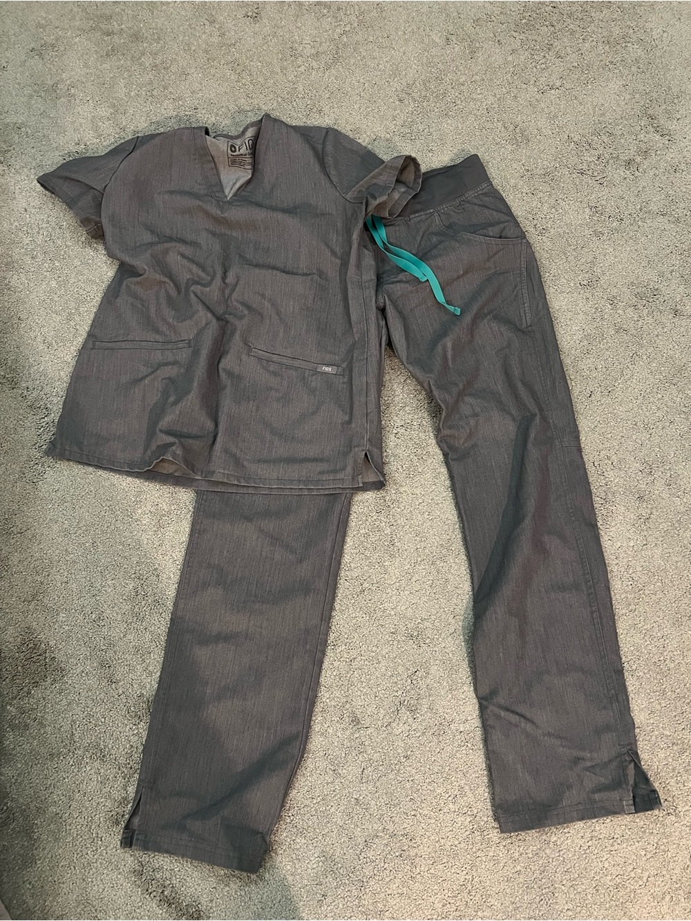 Figs Women’s Gray Scrub Top and Jogger Pants with Teal Drawstring